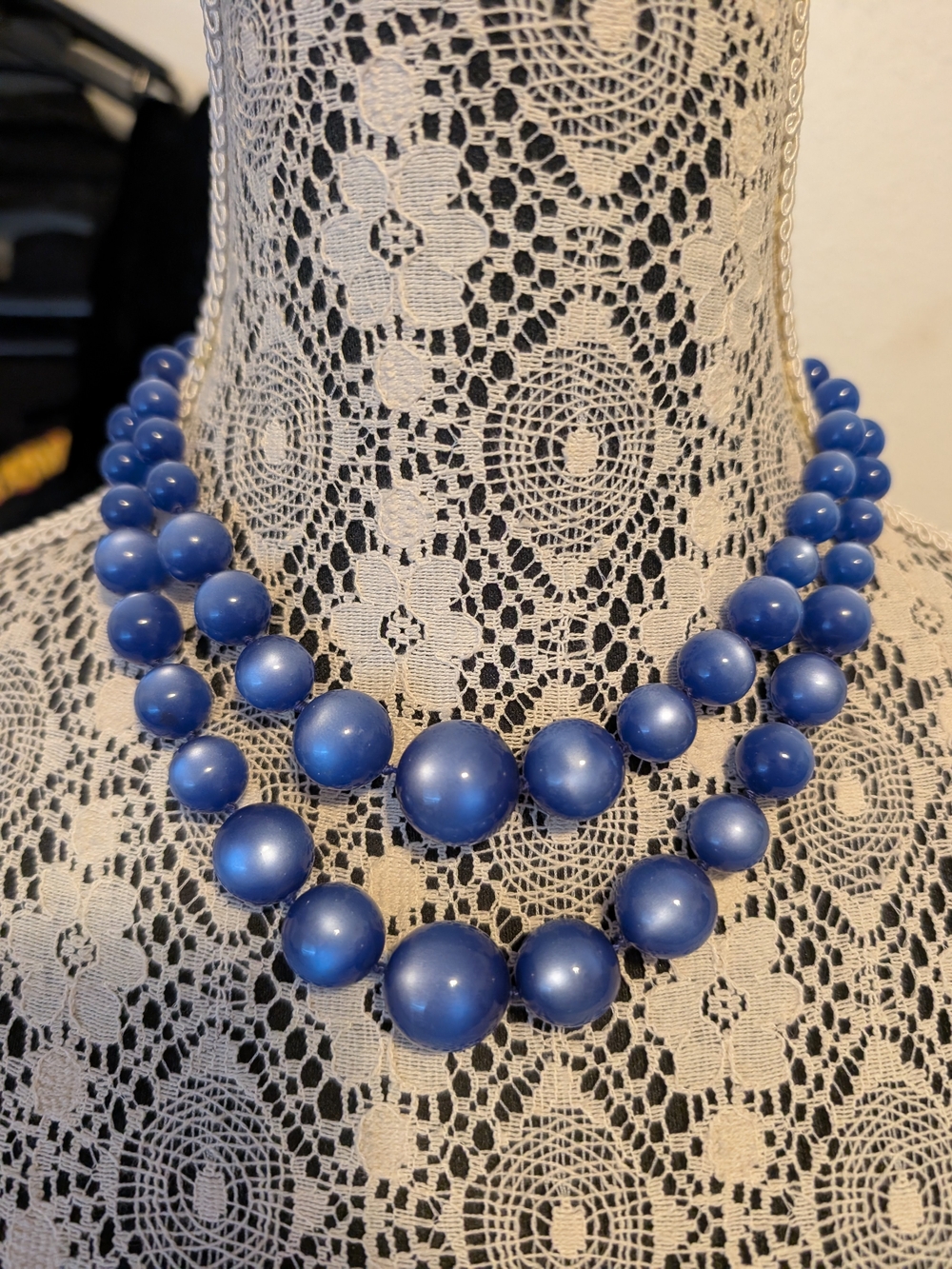 Double-Strand Colbalt Blue Hand Knotted Moon Glow Lucite Necklace